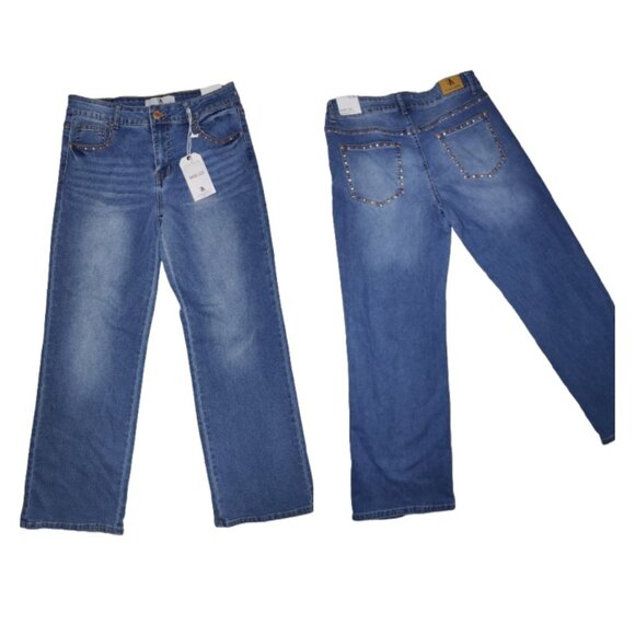 Flying Angel Gold Studded Mid Rise Wide Leg Jeans Medium Wash 11/30 NWT - Picture 1 of 11